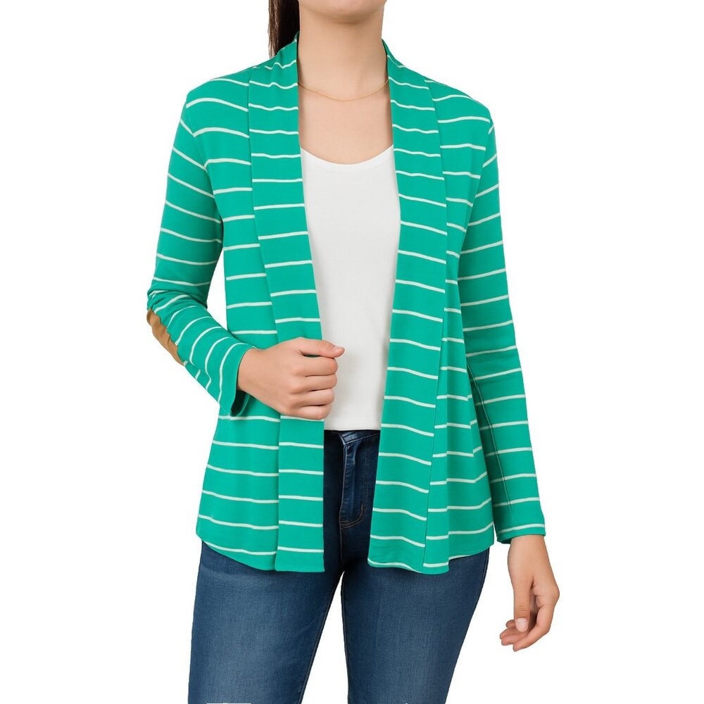 Pink Owl Womens S Green White Stripe‎ Cardigan Open Front Elbow Patch Preppy